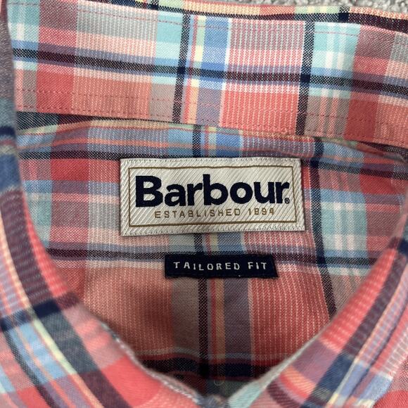 Barbour Shirt Mens Small Peach Pink Plaid Easter Spring Cotton Button Down Dress - Picture 3 of 13